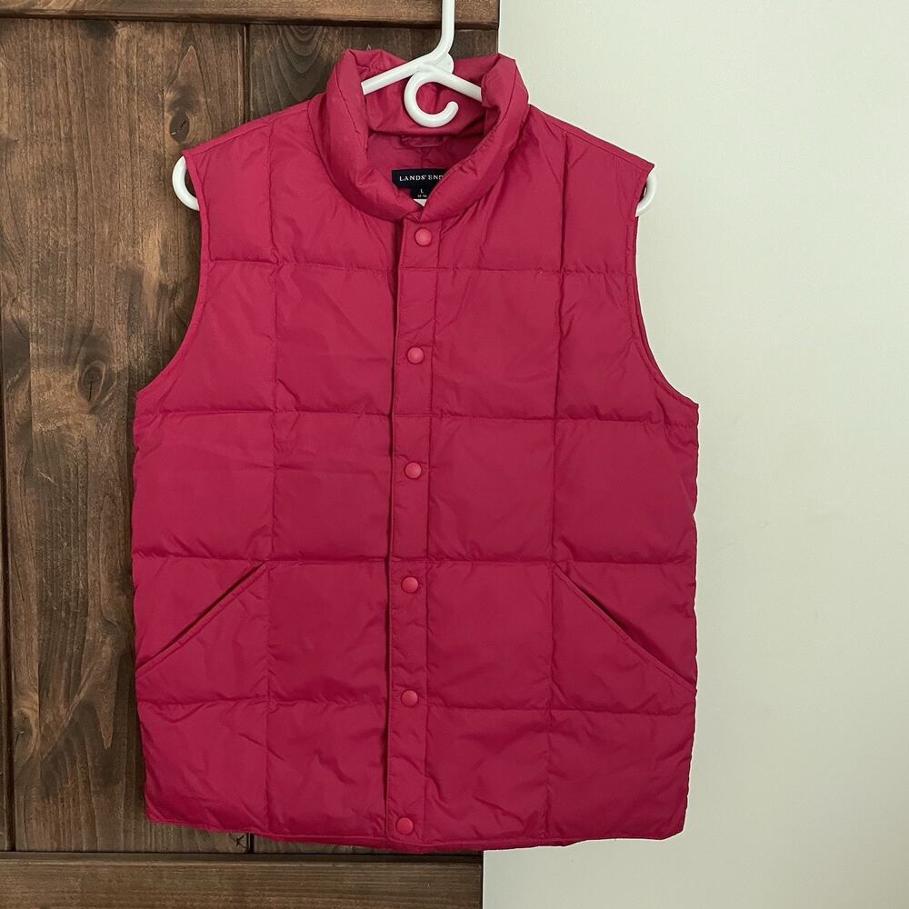 Lands End Vest Women L Red Puffer Goose Down Buttons Pockets Outdoor Gorpcore